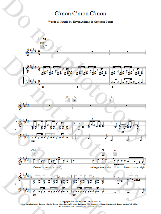 Bryan Adams C'mon C'mon C'mon Sheet Music Notes & Chords for Lyrics & Chords - Download or Print PDF