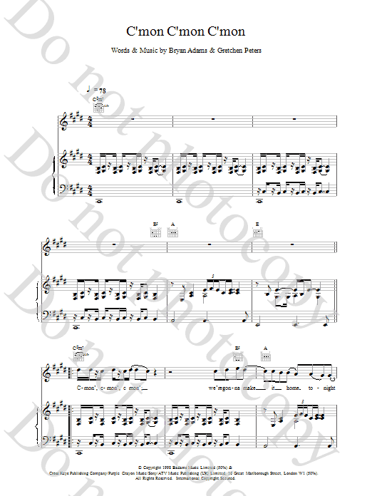 Bryan Adams C'mon C'mon C'mon Sheet Music Notes & Chords for Piano, Vocal & Guitar - Download or Print PDF