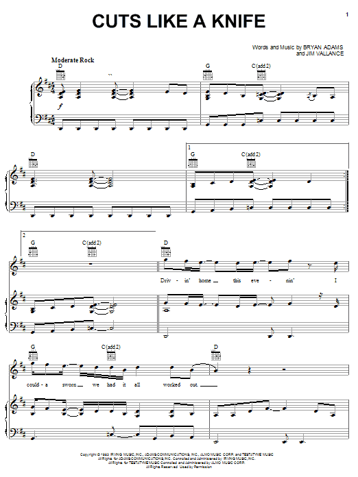 Bryan Adams Cuts Like A Knife sheet music notes and chords. Download Printable PDF.