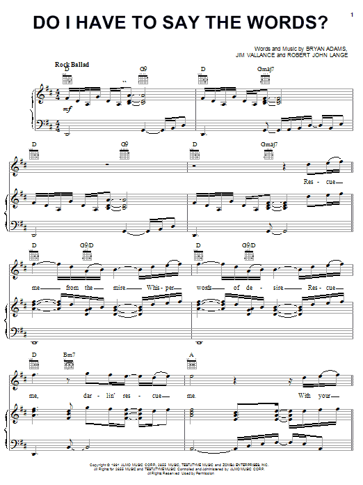 Bryan Adams Do I Have To Say The Words? Sheet Music Notes & Chords for Piano, Vocal & Guitar (Right-Hand Melody) - Download or Print PDF