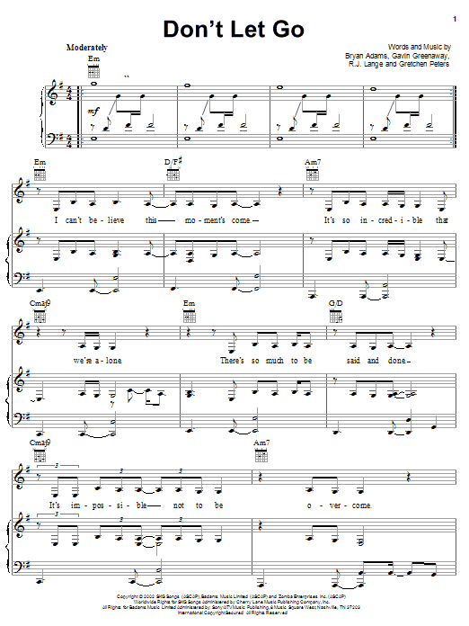 Bryan Adams Don't Let Go Sheet Music Notes & Chords for Piano, Vocal & Guitar (Right-Hand Melody) - Download or Print PDF Bryan Adams Don't Let Go Sheet Music Notes & Chords for Piano, Vocal & Guitar (Right-Hand Melody) - Download or Print PDF
