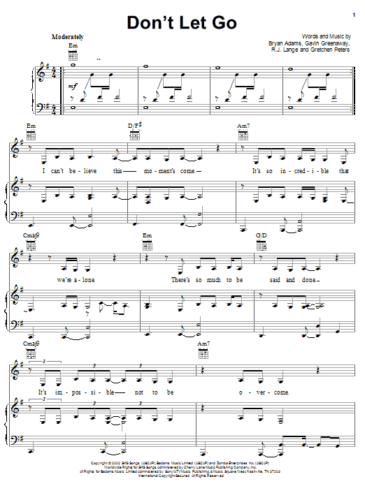 Bryan Adams Don't Let Go Sheet Music Notes & Chords for Piano, Vocal & Guitar (Right-Hand Melody) - Download or Print PDF