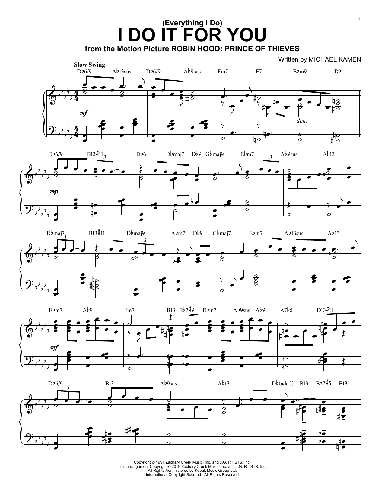 Bryan Adams (Everything I Do) I Do It For You [Jazz version] Sheet Music Notes & Chords for Piano Solo - Download or Print PDF