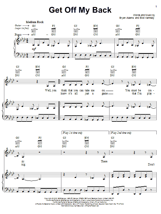 Bryan Adams Get Off My Back Sheet Music Notes & Chords for Piano, Vocal & Guitar (Right-Hand Melody) - Download or Print PDF Bryan Adams Get Off My Back Sheet Music Notes & Chords for Piano, Vocal & Guitar (Right-Hand Melody) - Download or Print PDF
