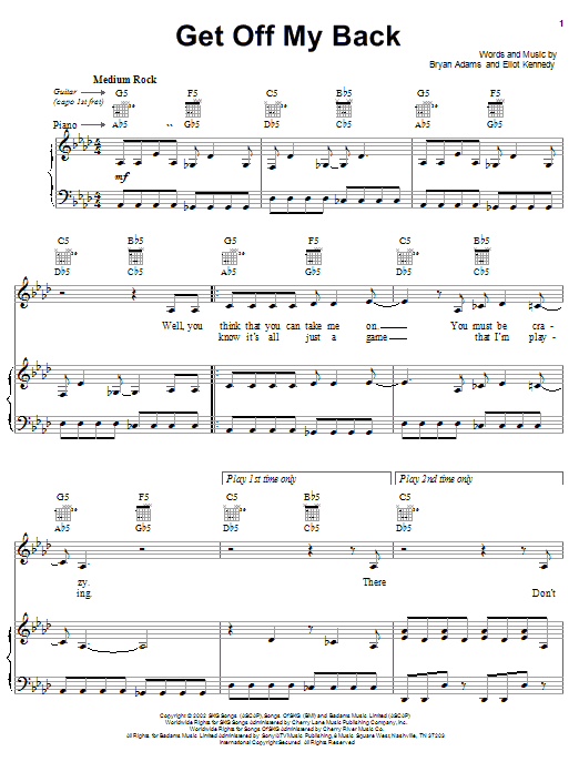 Bryan Adams Get Off My Back Sheet Music Notes & Chords for Piano, Vocal & Guitar (Right-Hand Melody) - Download or Print PDF