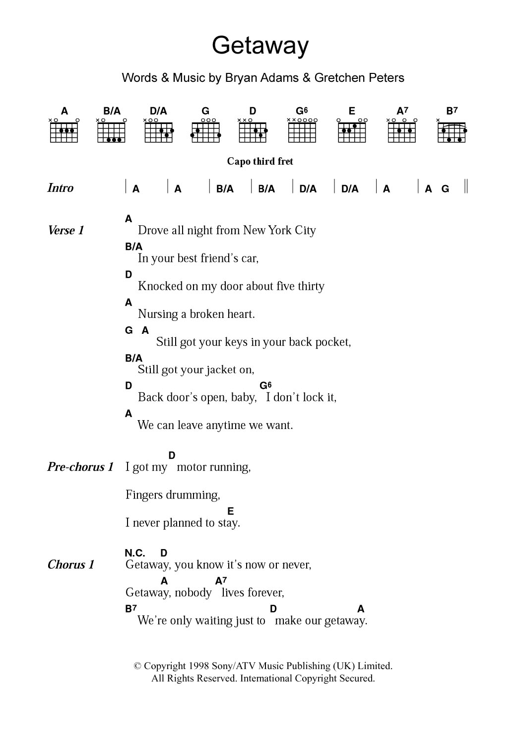 Bryan Adams Getaway Sheet Music Notes & Chords for Lyrics & Chords - Download or Print PDF