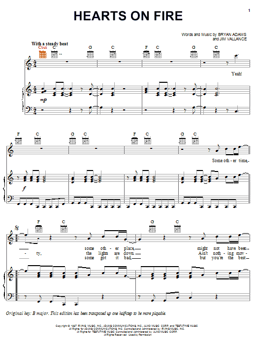 Bryan Adams Hearts On Fire Sheet Music Notes & Chords for Piano, Vocal & Guitar (Right-Hand Melody) - Download or Print PDF