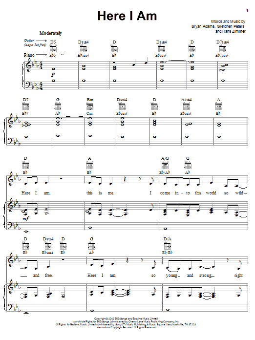 Bryan Adams Here I Am Sheet Music Notes & Chords for Piano, Vocal & Guitar (Right-Hand Melody) - Download or Print PDF