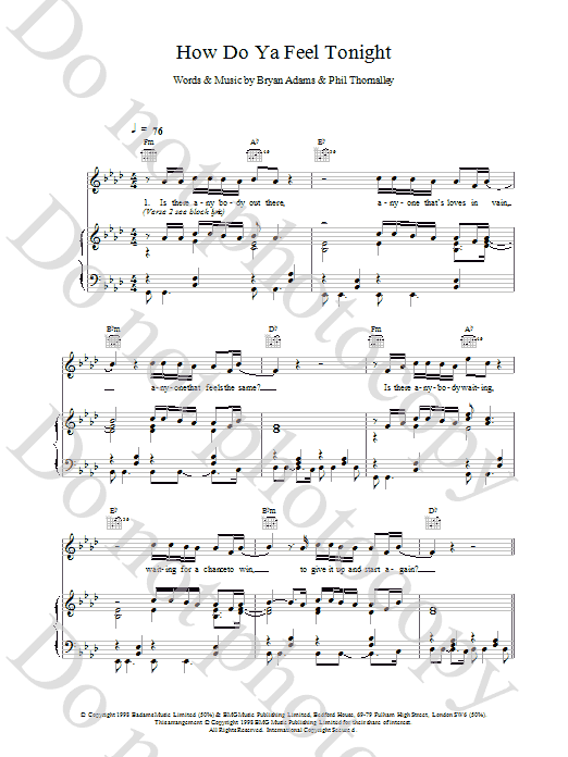 Bryan Adams How Do Ya Feel Tonight Sheet Music Notes & Chords for Lyrics & Chords - Download or Print PDF