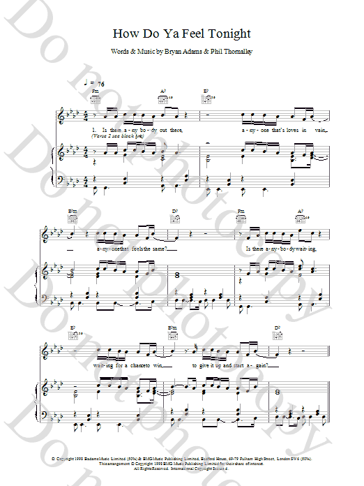 Bryan Adams How Do Ya Feel Tonight Sheet Music Notes & Chords for Piano, Vocal & Guitar (Right-Hand Melody) - Download or Print PDF