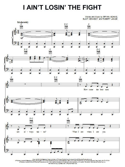 Bryan Adams I Ain't Losin' The Fight Sheet Music Notes & Chords for Piano, Vocal & Guitar (Right-Hand Melody) - Download or Print PDF