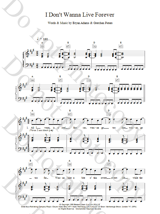 Bryan Adams I Don't Wanna Live Forever Sheet Music Notes & Chords for Piano, Vocal & Guitar - Download or Print PDF