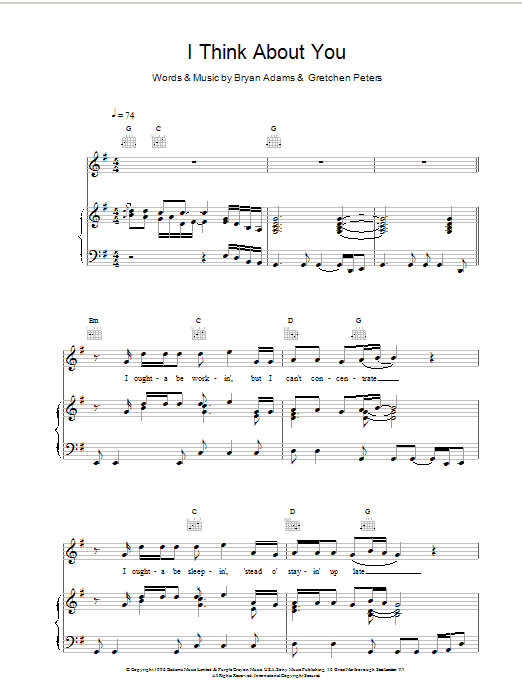 Bryan Adams I Think About You Sheet Music Notes & Chords for Piano, Vocal & Guitar (Right-Hand Melody) - Download or Print PDF