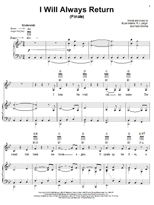 Bryan Adams I Will Always Return (Finale) Sheet Music Notes & Chords for Piano, Vocal & Guitar (Right-Hand Melody) - Download or Print PDF