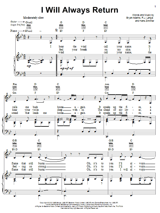 Bryan Adams I Will Always Return Sheet Music Notes & Chords for Piano, Vocal & Guitar (Right-Hand Melody) - Download or Print PDF Bryan Adams I Will Always Return Sheet Music Notes & Chords for Piano, Vocal & Guitar (Right-Hand Melody) - Download or Print PDF