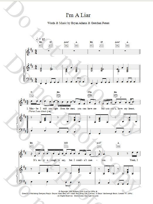 Bryan Adams I'm A Liar Sheet Music Notes & Chords for Piano, Vocal & Guitar - Download or Print PDF