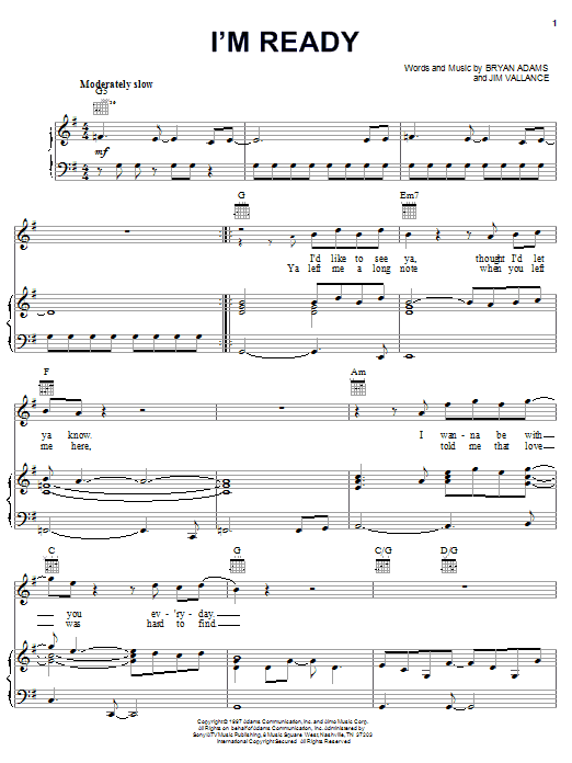 Bryan Adams I'm Ready Sheet Music Notes & Chords for Lyrics & Chords - Download or Print PDF