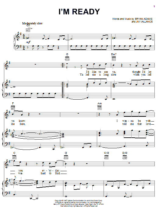 Bryan Adams I'm Ready Sheet Music Notes & Chords for Piano, Vocal & Guitar (Right-Hand Melody) - Download or Print PDF