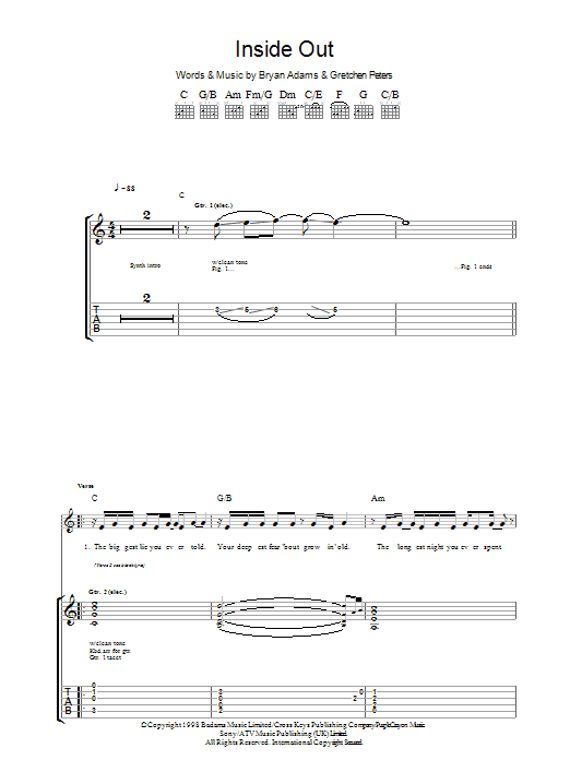 Bryan Adams Inside Out Sheet Music Notes & Chords for Guitar Tab - Download or Print PDF