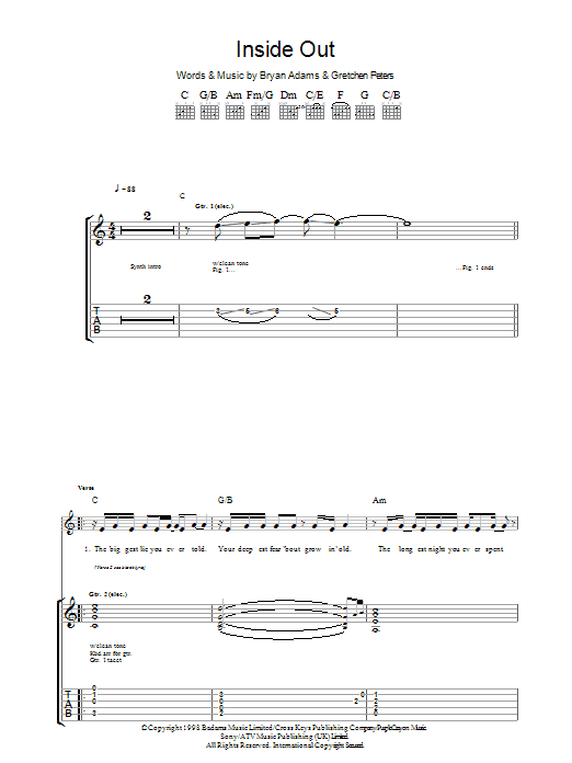 Bryan Adams Inside Out Sheet Music Notes & Chords for Lyrics & Chords - Download or Print PDF