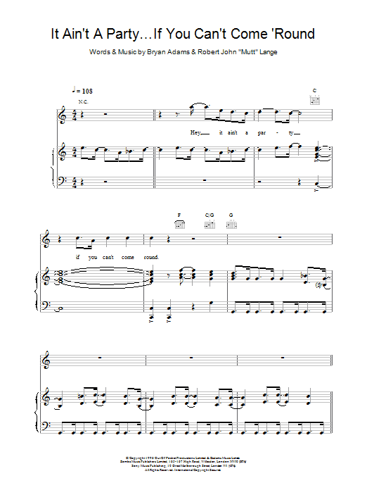 Bryan Adams It Ain't A Party If You Can't Come Round Sheet Music Notes & Chords for Piano, Vocal & Guitar (Right-Hand Melody) - Download or Print PDF