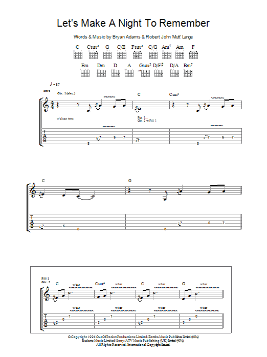 Bryan Adams Let's Make A Night To Remember Sheet Music Notes & Chords for Lyrics & Chords - Download or Print PDF
