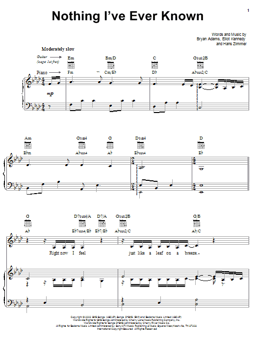 Bryan Adams Nothing I've Ever Known Sheet Music Notes & Chords for Piano, Vocal & Guitar (Right-Hand Melody) - Download or Print PDF Bryan Adams Nothing I've Ever Known Sheet Music Notes & Chords for Piano, Vocal & Guitar (Right-Hand Melody) - Download or Print PDF