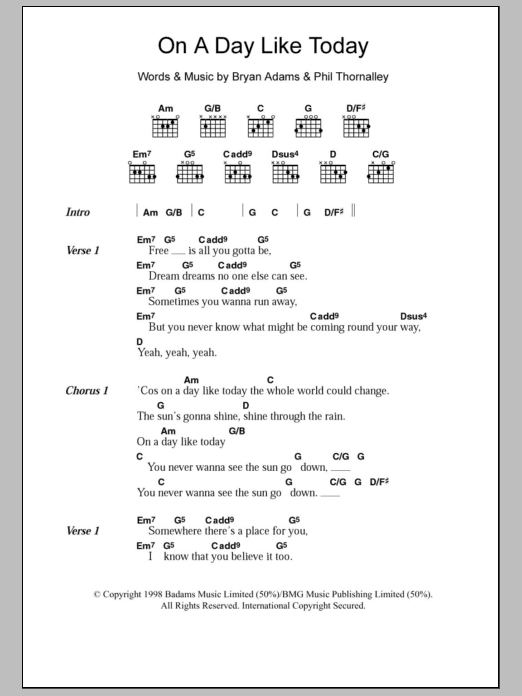 Bryan Adams On A Day Like Today Sheet Music Notes & Chords for Lyrics & Chords - Download or Print PDF