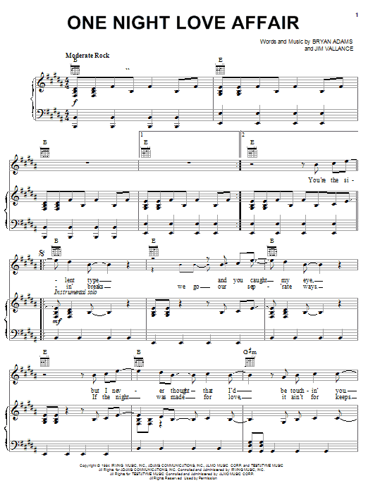 Bryan Adams One Night Love Affair Sheet Music Notes & Chords for Piano, Vocal & Guitar (Right-Hand Melody) - Download or Print PDF
