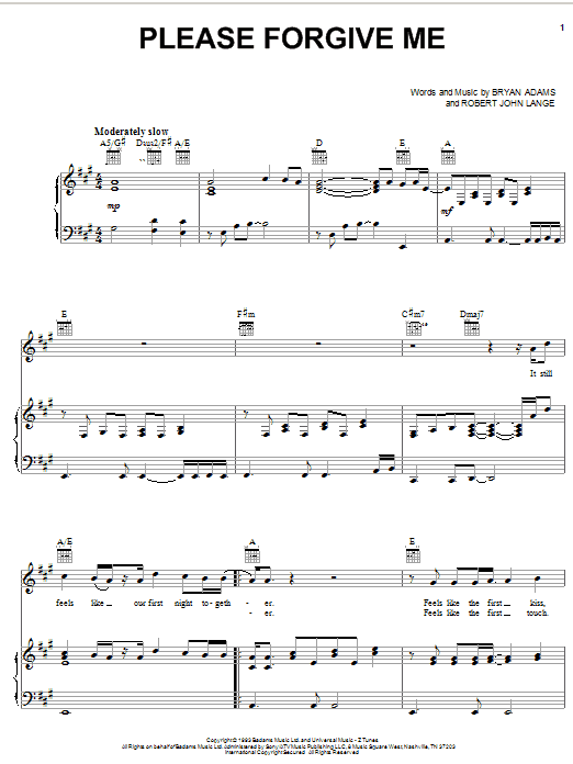 Bryan Adams Please Forgive Me Sheet Music Notes & Chords for Piano, Vocal & Guitar (Right-Hand Melody) - Download or Print PDF