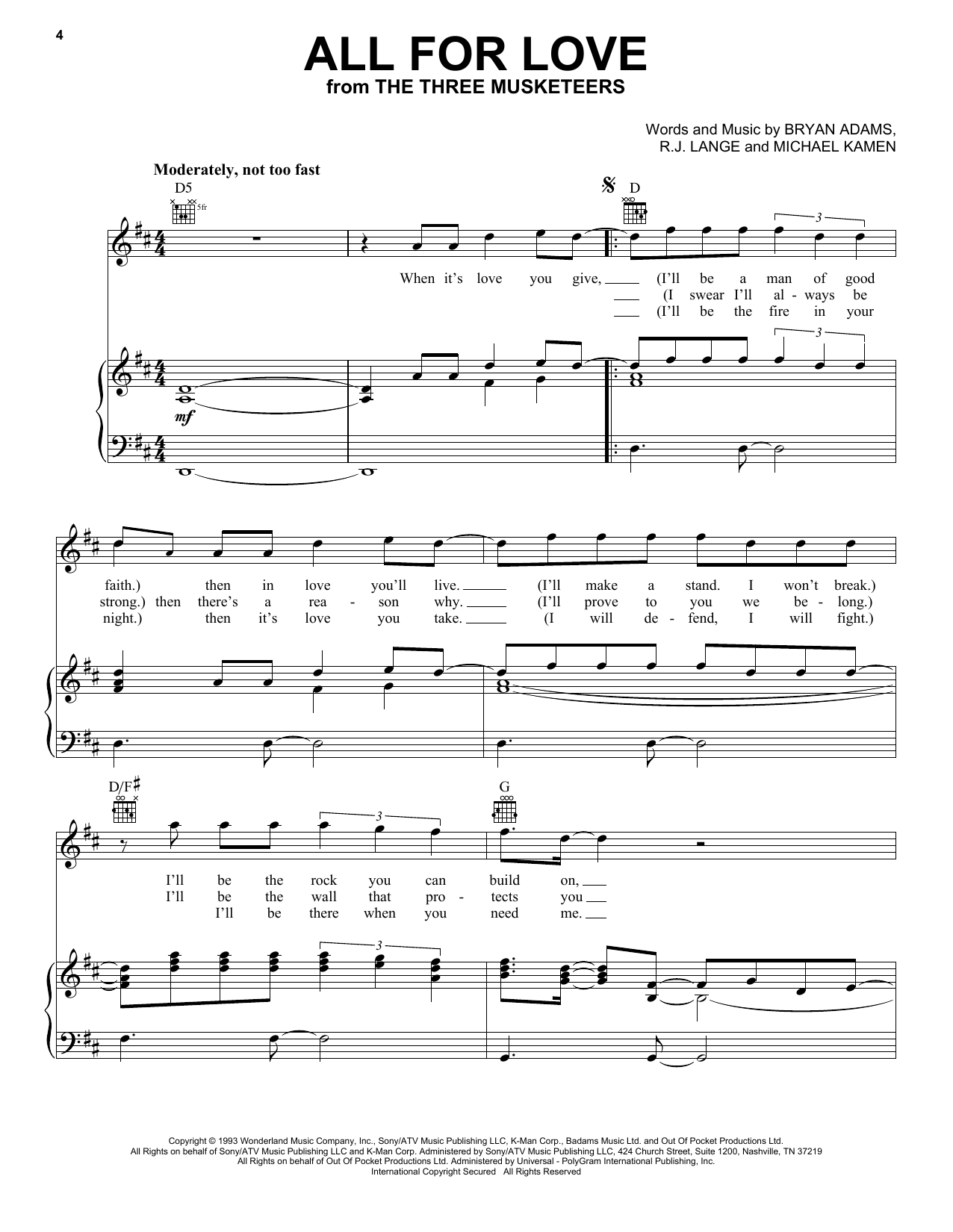 Bryan Adams, Rod Stewart & Sting All For Love Sheet Music Notes & Chords for Piano, Vocal & Guitar (Right-Hand Melody) - Download or Print PDF