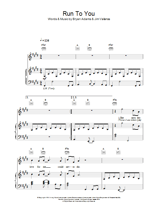 Bryan Adams Run To You Sheet Music Notes & Chords for Melody Line, Lyrics & Chords - Download or Print PDF