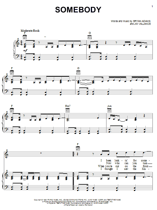 Bryan Adams Somebody sheet music notes and chords. Download Printable PDF.