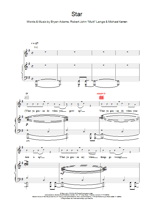 Bryan Adams Star Sheet Music Notes & Chords for Piano, Vocal & Guitar (Right-Hand Melody) - Download or Print PDF