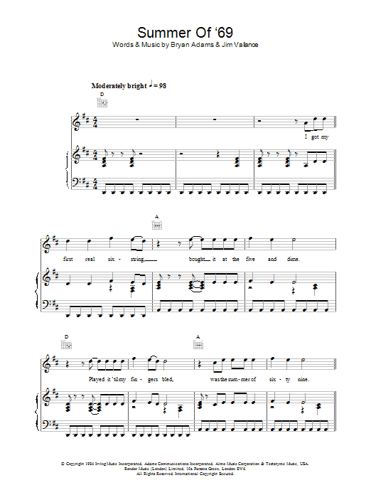 Bryan Adams Summer Of '69 Sheet Music Notes & Chords for Easy Guitar Tab - Download or Print PDF