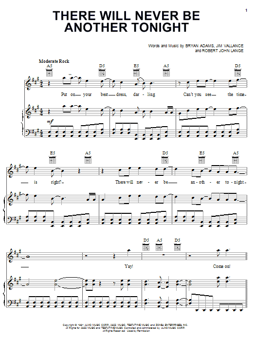 Bryan Adams There Will Never Be Another Tonight Sheet Music Notes & Chords for Piano, Vocal & Guitar (Right-Hand Melody) - Download or Print PDF