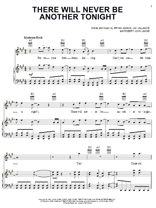 Bryan Adams There Will Never Be Another Tonight sheet music notes and chords. Download Printable PDF.