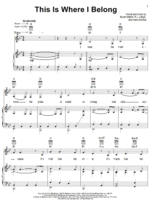 Bryan Adams This Is Where I Belong Sheet Music Notes & Chords for Piano, Vocal & Guitar (Right-Hand Melody) - Download or Print PDF