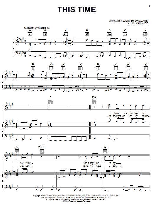 Bryan Adams This Time Sheet Music Notes & Chords for Piano, Vocal & Guitar (Right-Hand Melody) - Download or Print PDF