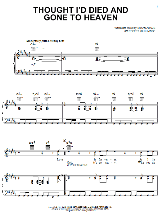 Bryan Adams Thought I'd Died And Gone To Heaven Sheet Music Notes & Chords for Piano, Vocal & Guitar (Right-Hand Melody) - Download or Print PDF