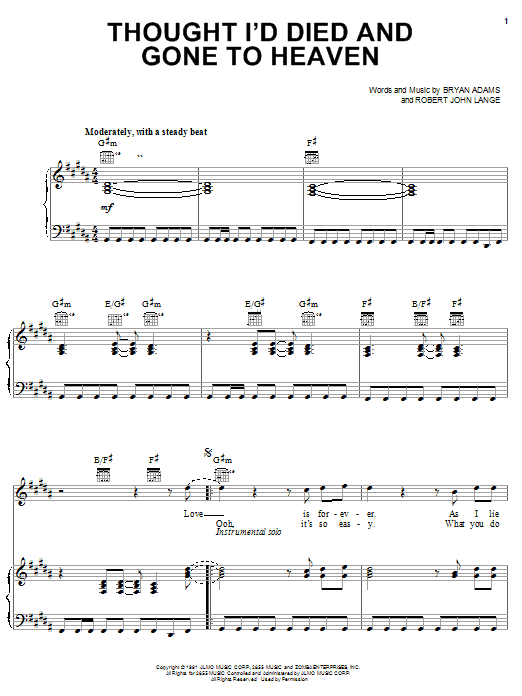 Bryan Adams Thought I'd Died And Gone To Heaven sheet music notes and chords. Download Printable PDF.