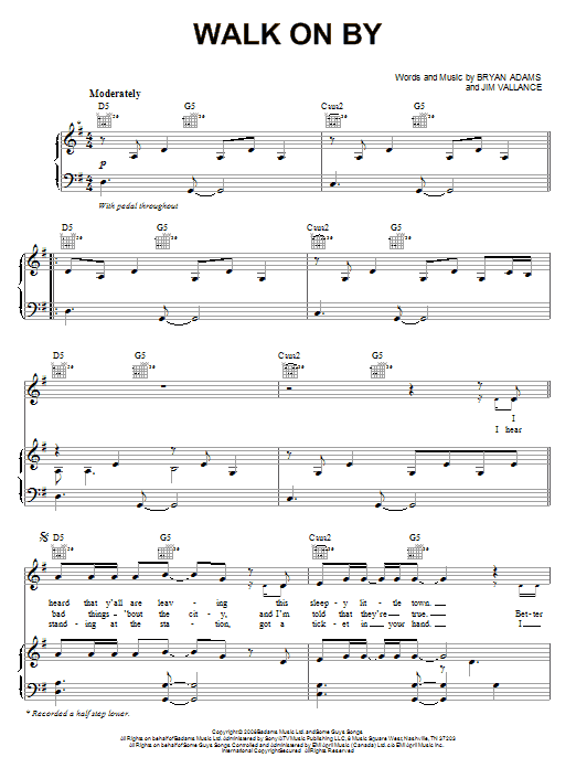 Bryan Adams Walk On By Sheet Music Notes & Chords for Piano, Vocal & Guitar (Right-Hand Melody) - Download or Print PDF