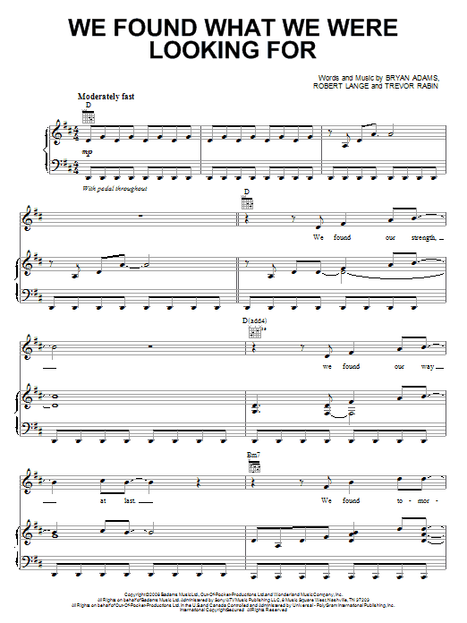 Bryan Adams We Found What We Were Looking For Sheet Music Notes & Chords for Piano, Vocal & Guitar (Right-Hand Melody) - Download or Print PDF