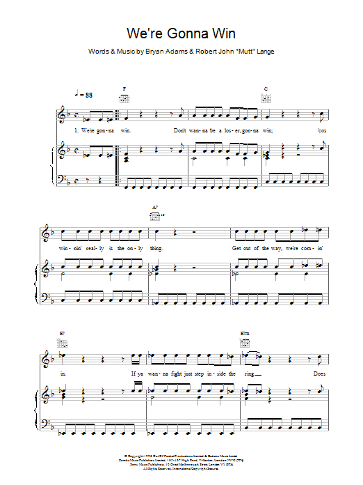 Bryan Adams We're Gonna Win Sheet Music Notes & Chords for Piano, Vocal & Guitar (Right-Hand Melody) - Download or Print PDF