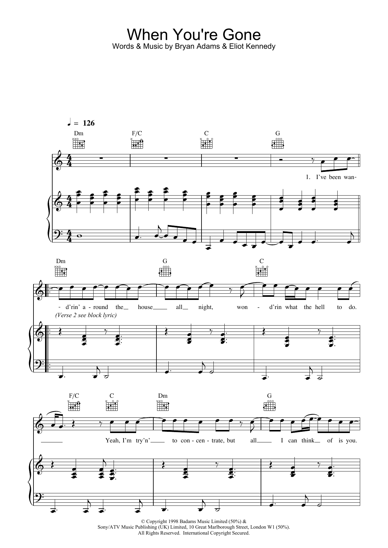 Bryan Adams When You're Gone Sheet Music Notes & Chords for Guitar Chords/Lyrics - Download or Print PDF