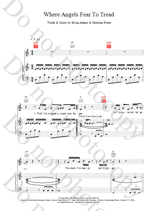 Bryan Adams Where Angels Fear To Tread Sheet Music Notes & Chords for Piano, Vocal & Guitar - Download or Print PDF