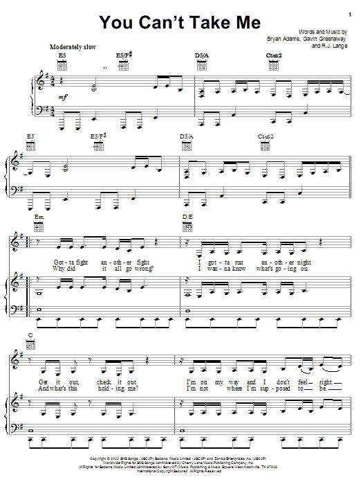 Bryan Adams You Can't Take Me Sheet Music Notes & Chords for Piano, Vocal & Guitar (Right-Hand Melody) - Download or Print PDF Bryan Adams You Can't Take Me Sheet Music Notes & Chords for Piano, Vocal & Guitar (Right-Hand Melody) - Download or Print PDF