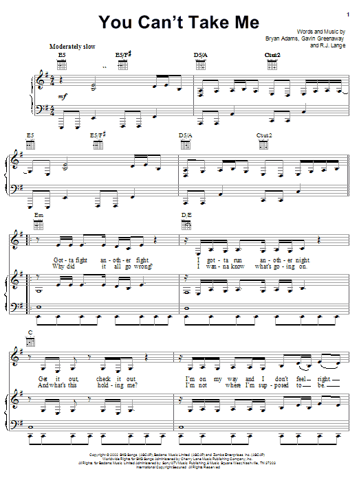 Bryan Adams You Can't Take Me Sheet Music Notes & Chords for Piano, Vocal & Guitar (Right-Hand Melody) - Download or Print PDF