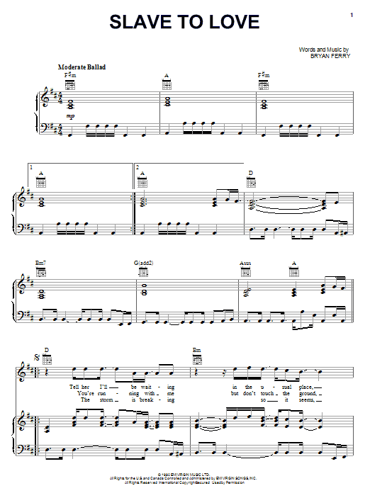 Bryan Ferry Slave To Love Sheet Music Notes & Chords for Piano, Vocal & Guitar (Right-Hand Melody) - Download or Print PDF Bryan Ferry Slave To Love Sheet Music Notes & Chords for Piano, Vocal & Guitar (Right-Hand Melody) - Download or Print PDF