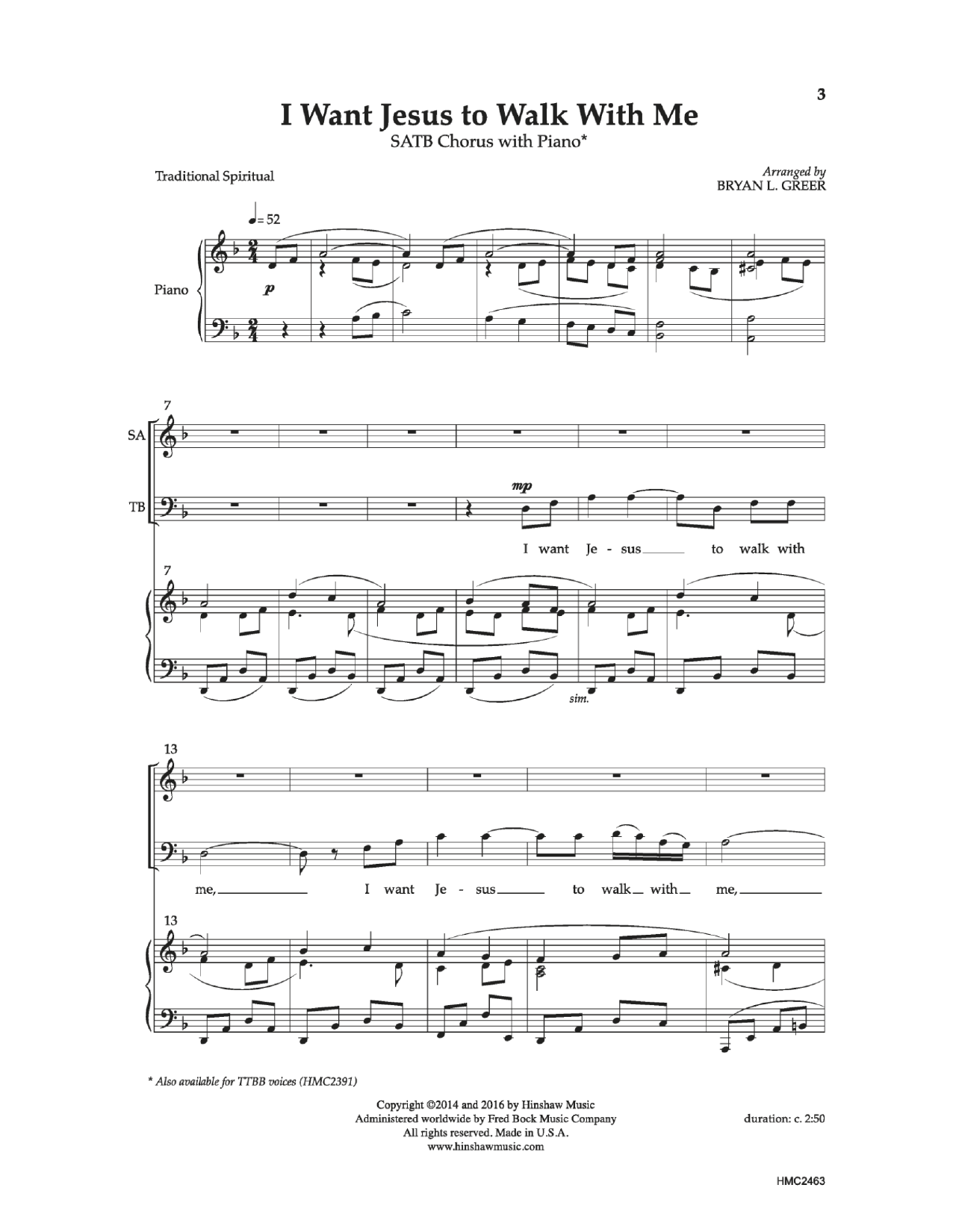 Bryan Greer I Want Jesus To Walk With Me Sheet Music Notes & Chords for SATB Choir - Download or Print PDF
